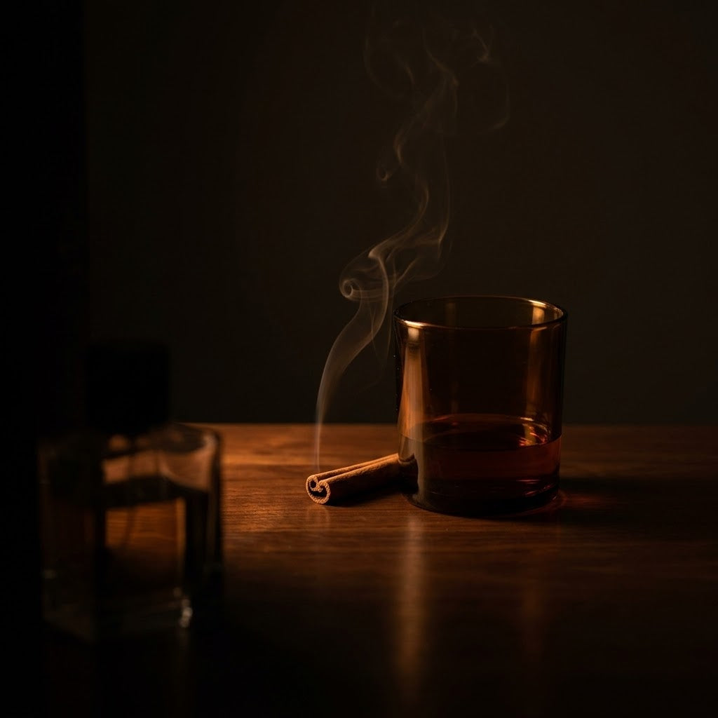 كوب زجاجي كهرماني وعود قرفة بإضاءة دافئة خافتة مع عطر بيتيل